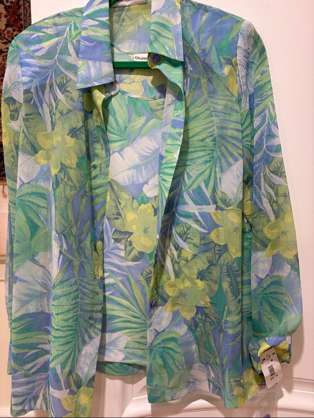 Draper’s & Damon’s Tropical Leaf & Floral Sheer Blouse in Green, Blue & Yellow M - Picture 3 of 15